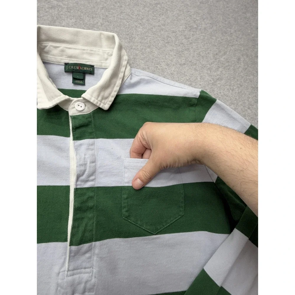 J.Crew Always Rugby Polo Shirt‎ Mens L Green White Stripe Long Sleeve Casual